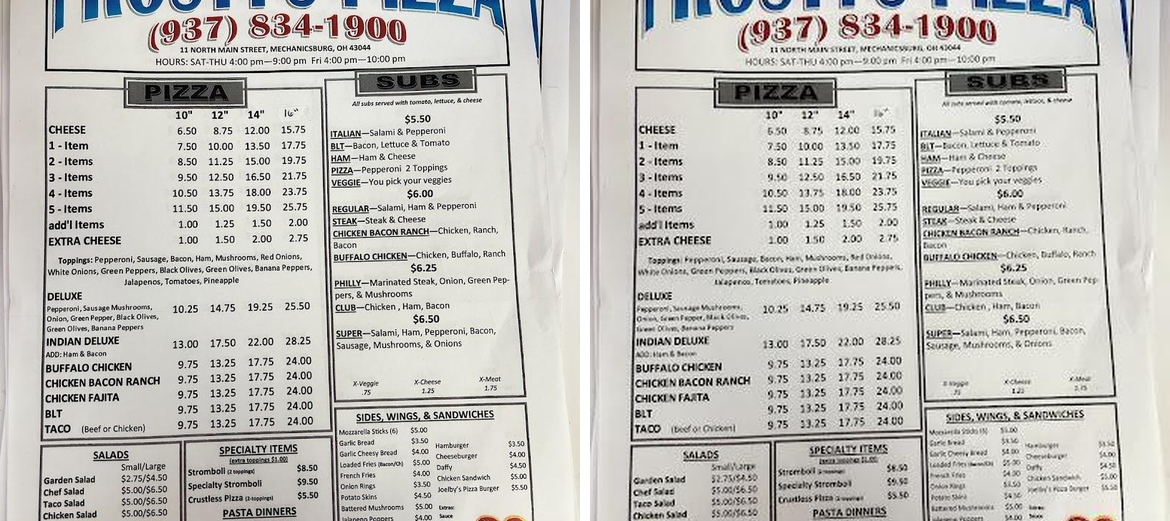 Frosty's Pizza Menu